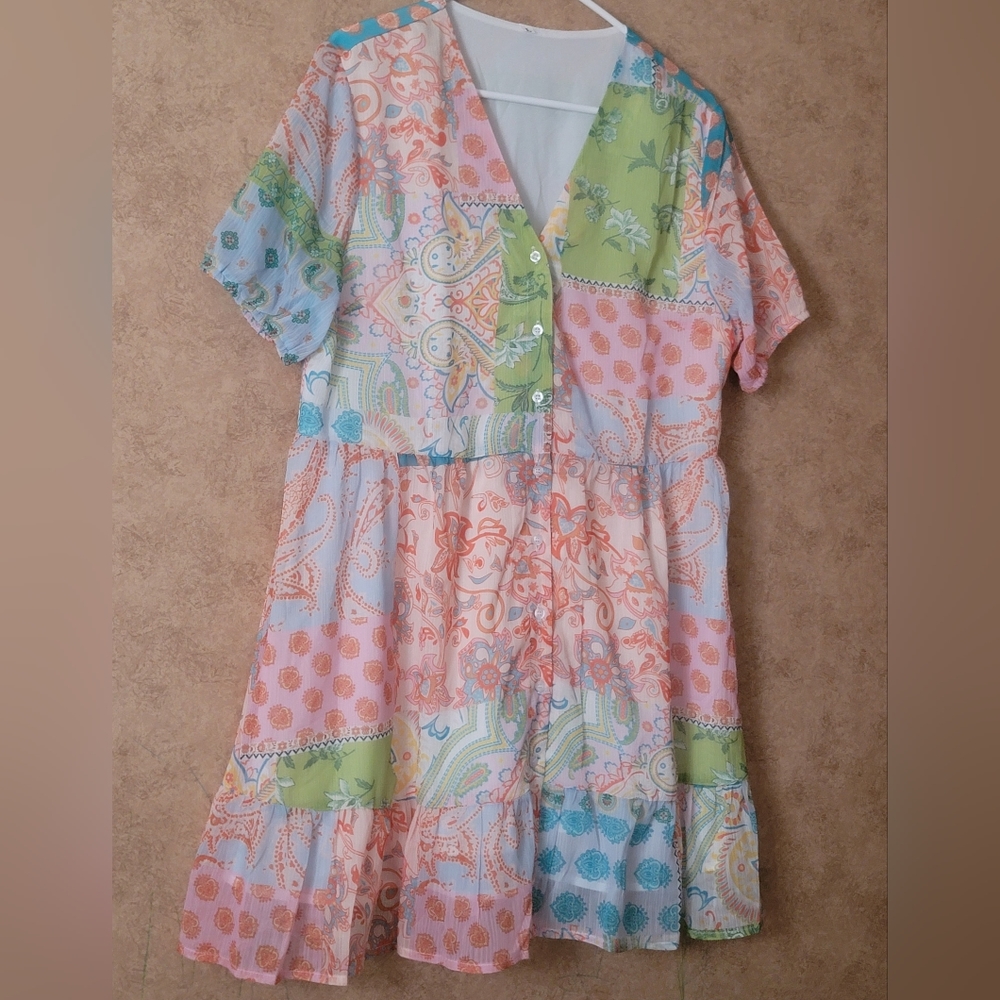 Shein Patchwork Button Down Ruffle Dress - Picture 3 of 10